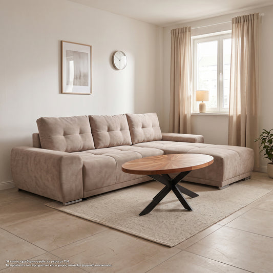 ΚΑΝΑΠΕΣ ΚΡΕΒΑΤΙ ΔΕΞΙΑ ΓΩΝΙΑ COMFYRA ΜΠΕΖ ΥΦΑΣΜΑ 270x181x75Υεκ